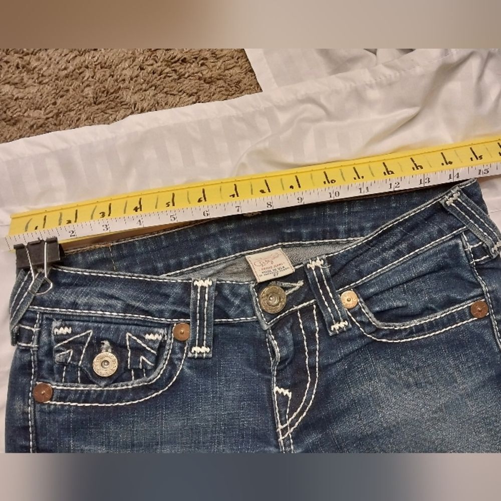 True Religion Joey Super T Flare Jeans Women 27 Dark Wash Y2K Distressed - Picture 3 of 8
